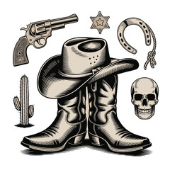 Vintage western cowboy outfit and accessories collection illustration