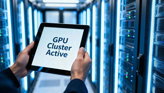 Hands monitoring a GPU cluster status on a tablet inside a modern, blue-lit server room.