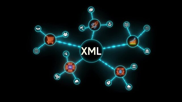 Centralized XML data format network diagram with technology icons image photo