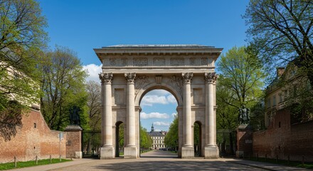 Fototapeta premium Grand classical stone gateway standing tall beneath a vast springtime blue sky, flanked by fresh green trees and historic urban landscape ,sunny ,attraction ,public monument
