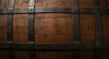 Highly textured surface of vintage wooden staves and iron bands from an old aging cask used for spirits, providing rustic copy space, distillery, aged, cellar