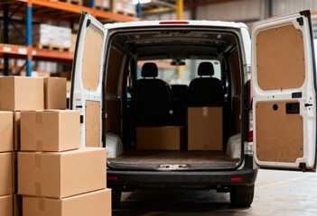 A cargo van parked in a warehouse with its back doors open, surrounded by stacks of delivery boxes.