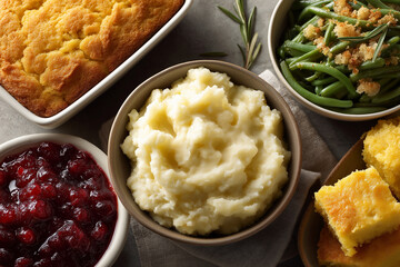 Top-down flat lay of Thanksgiving side dishes: mashed potatoes in a ceramic bowl, green bean casserole, cornbread, cranberry sauce, balanced composition, neutral backdrop, no text