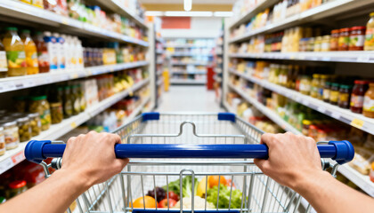 POV shot of hands pushing a shopping cart filled with fresh produce down a brightly lit supermarket aisle, surrounded by blurred shelves.