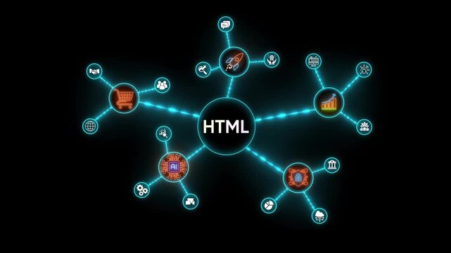 HTML technology network diagram with interconnected icons on black background Keywords: HTML, Hyper Text Markup Language, web development, coding, programming, technology, network, diagram