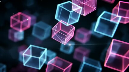 Abstract floating pink and blue translucent wireframe cube illustration - Powered by Adobe