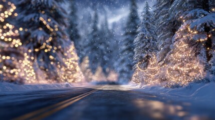 winter forest background with a road perspective and christmas trees decorated with garland lights