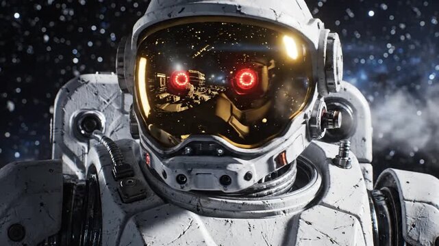 Astronaut in space suit with reflective visor and illuminated interior outer space background concept illustration