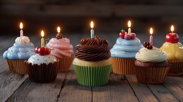 cupcakes with candles and decorations on wood surface
