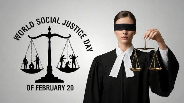 World social justice day illustration with blindfolded lady justice