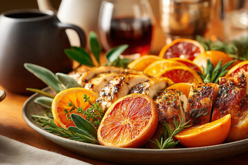 Turkey place platter close-up with citrus wheels and herb garnish, matte ceramic, shallow depth, warm appetizing tones, no branding