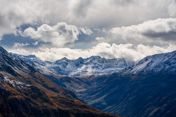 Panoramic view of the Swiss Alps in winter.