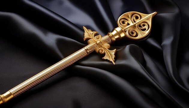golden crosier diagonally placed on dark velvet fabric symbolizing spiritual leadership and ceremonial authority
