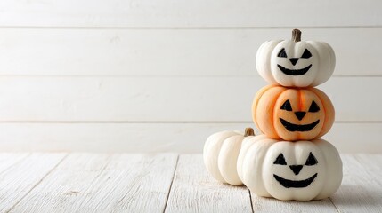 three white pumpkins with black jackolantern faces stacked on a white wood surface against a white background showcasing a halloween theme with ample free space for text