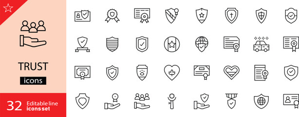 Trust icons set. Includes symbols of handshake, shield, reliability, security, loyalty, and verified approval. Editable stroke. Vector illustration. Outline icons. Perfect for business. 