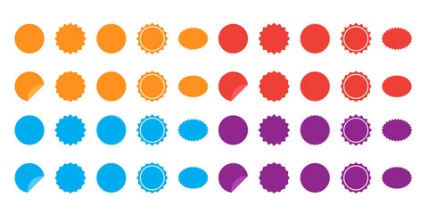 Collection of colorful blank label and sticker shapes in orange, red, blue, and purple. Includes circular, starburst, and oval designs with smooth, wavy, and serrated edges. 