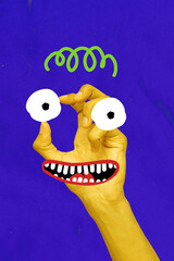 3D collage trend artwork composite sketch poster of hand gesture showing eyes mouth smile teeth...