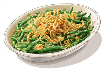 Vector green bean casserole in a round dish with crispy onion topping, clean shapes, outlined, white background, no text, no logos