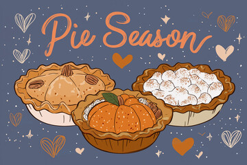 Vector pie trio (pumpkin, pecan, apple) arranged in a circle, script title “Pie Season” above, dotted stars and hearts, clean flat colors