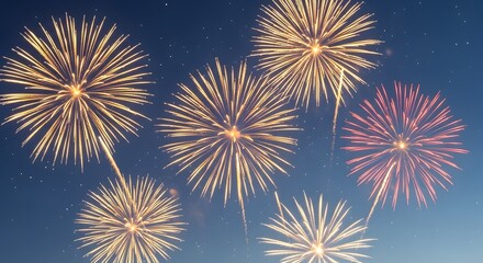 Naklejka premium Vibrant fireworks explode in a dark night sky creating a dazzling display of light