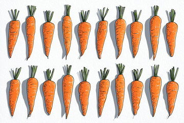 Vector roasted carrots with maple glaze on a sheet pan, neat rows, flat colors, outlined, isolated on white, no text, no logos