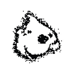 Pixelated black and white image of a cartoonish face with a smile and one eye larger than the other