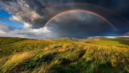 Naklejka premium calm after storm landscape with dramatic clouds rainbow and sunlight
