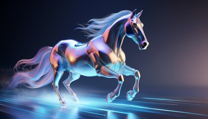 holographic horse frozen in mid gallop above glossy smooth surface with subtle light fog in minimalist background