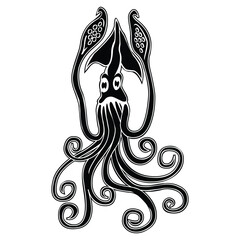 A black and white illustration of a squid with tentacles and bulbous appendages on a white background
