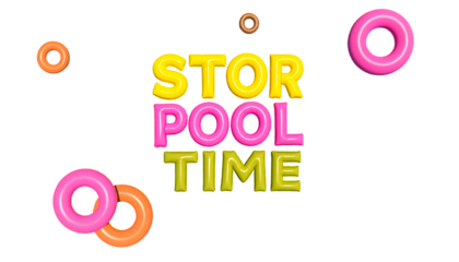 Playful 3D text "STOR POOL TIME" with donut floaties on black backdrop