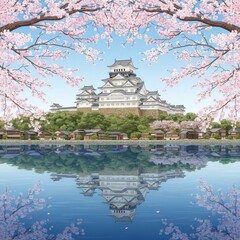 Fototapeta premium Serene Japanese castle surrounded by blooming cherry blossoms and reflected in tranquil water