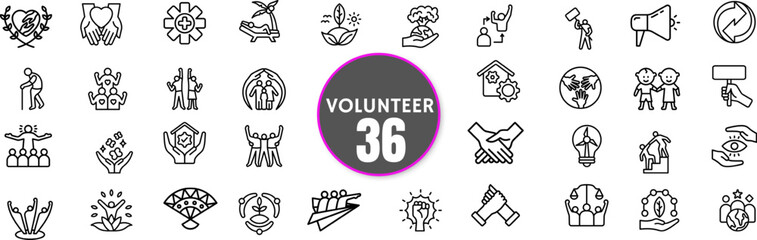Adobe Stock Searchable Title:
Volunteer Line Icon Set – Community Service, Charity, Support, Donation, Teamwork, Care, Social Work, Helping Hands, Editable Stroke, Transparent Background