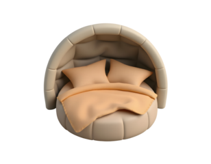 Cozy beige egg shaped lounge chair with pillows and blanket isolated on transparent background