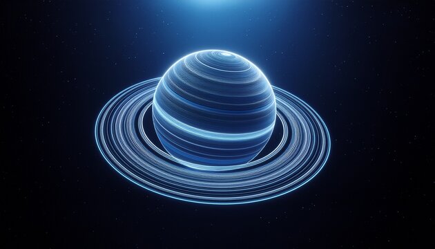 dark minimal background featuring futuristic 3d hologram of ringed planet spinning in outer space - Powered by Adobe