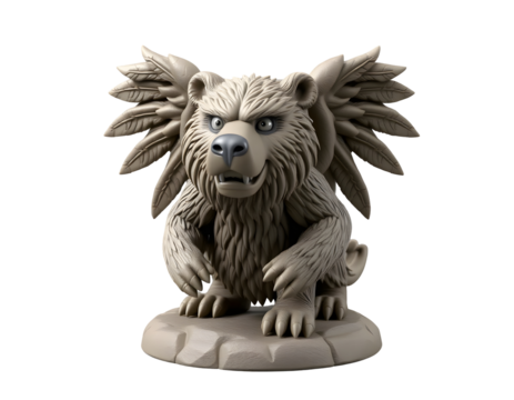 Stone gargoyle creature with feathery wings isolated on transparent background