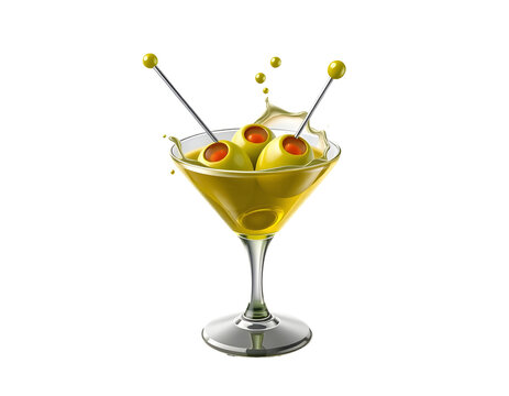 Yellow cocktail with olives and splash isolated on transparent background