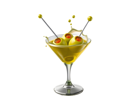 Yellow cocktail with olives and splash isolated on transparent background