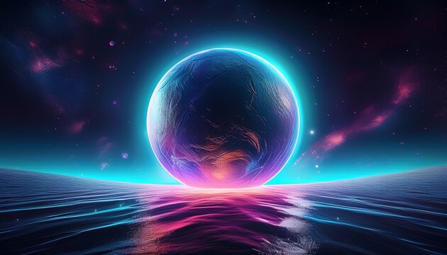 minimalist dark futuristic spinning holographic planet with soft neon glow floating above abyssal space surface