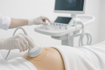 Photorealistic bright-tone obstetric ultrasound, pregnant patient supine with lower abdomen modestly draped, clinician’s gloved hands holding convex transducer over gel sheen, ultrasound machine