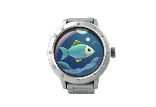 Cartoon fish in watch face isolated on transparent background