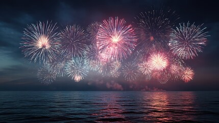 spectacular night landscape of fireworks over the sea illuminating the dark sky and ocean with brilliant lights