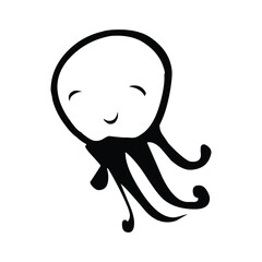 A simple black and white drawing of a cartoon octopus with a smiling face and curly tentacles