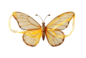 Golden butterfly ornament with ribbons isolated on transparent background