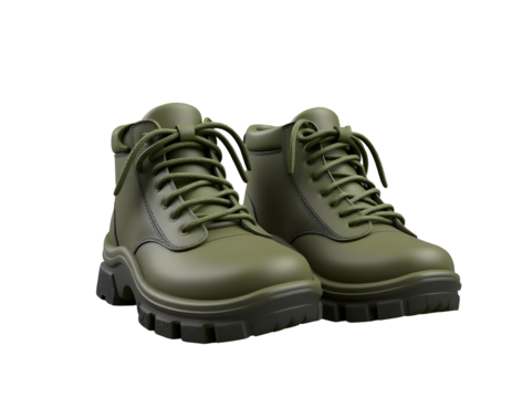 Olive green combat boots isolated on transparent background