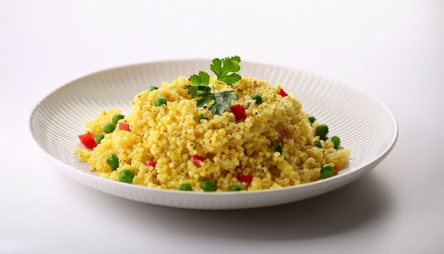 decorative millet upma in a white dish traditional breakfast food presentation