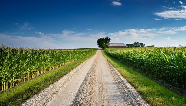 iowa road gravel road through a green cornfield on a farm - Powered by Adobe