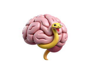 Cute cartoon snake emerging from pink brain isolated on transparent background