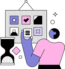 An illustrative vector art set featuring cartoon drawings of a girl and a man in a bedroom, with one sketch showing a girl reading a book