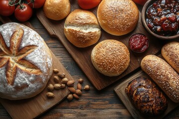 Fototapeta premium Freshly baked bread and assorted rolls displayed on wooden boards with tomatoes and condiments