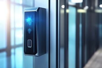 Modern biometric access control system installed on a sleek office building door